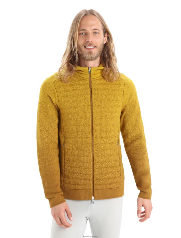 Icebreaker Men ZoneKnit Merino Insulated Long Sleeve Zip Hoodie Into the DeepClove/Silent Gold 80BXXP404 Clothing