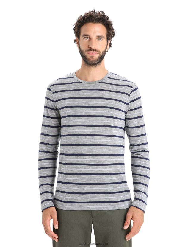 Icebreaker Men Merino Wave Long Sleeve Stripe T-ShirtMetro Heather/Midnight Navy 80BXXP196 Clothing