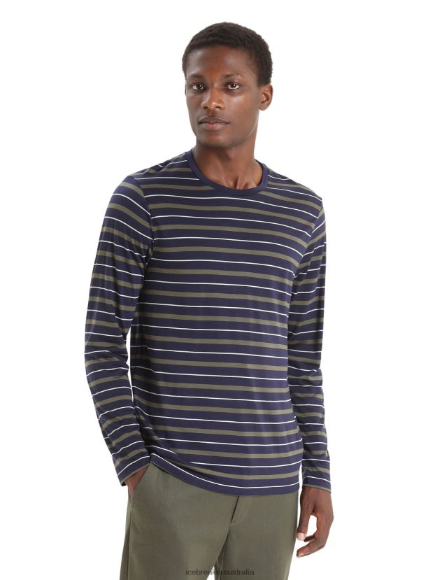 Icebreaker Men Merino Wave Long Sleeve Stripe T-ShirtMidnight Navy/Loden 80BXXP197 Clothing