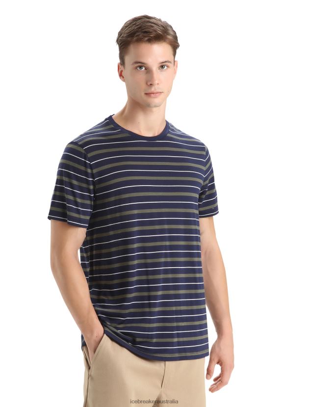 Icebreaker Men Merino Wave Short Sleeve Stripe T-ShirtMidnight Navy/Loden 80BXXP21 Clothing