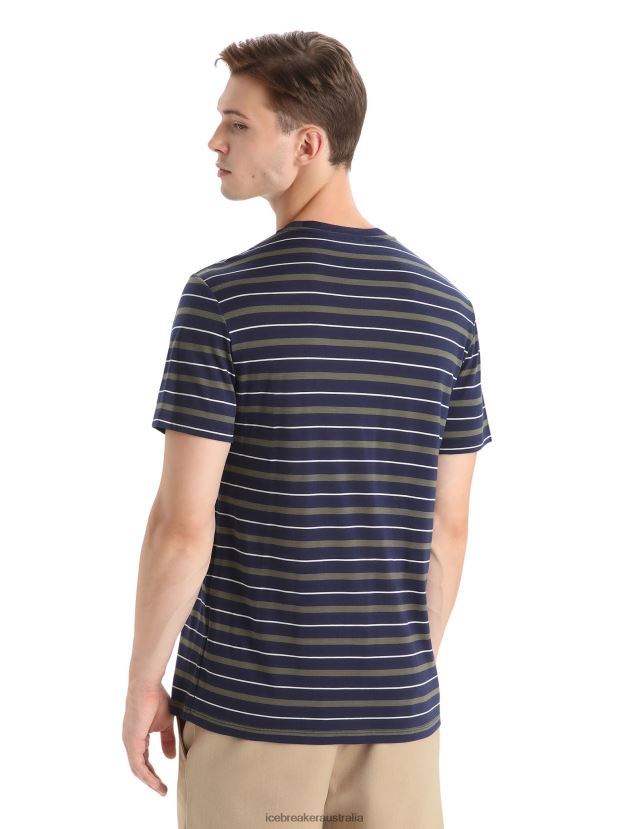 Icebreaker Men Merino Wave Short Sleeve Stripe T-ShirtMidnight Navy/Loden 80BXXP21 Clothing