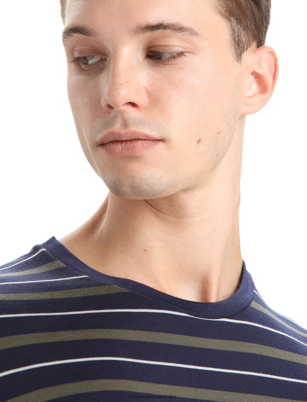 Icebreaker Men Merino Wave Short Sleeve Stripe T-ShirtMidnight Navy/Loden 80BXXP21 Clothing