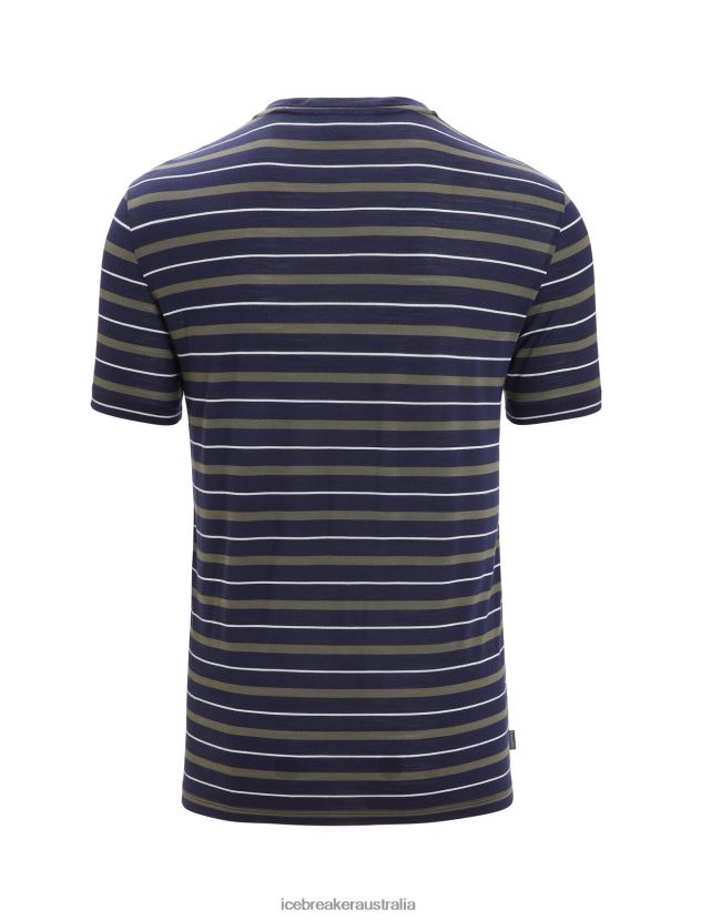 Icebreaker Men Merino Wave Short Sleeve Stripe T-ShirtMidnight Navy/Loden 80BXXP21 Clothing