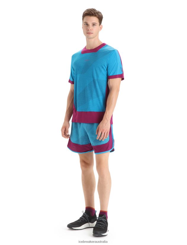 Icebreaker Men ZoneKnit Merino Short Sleeve T-Shirt GeodeticGeo Blue/Go Berry 80BXXP63 Clothing
