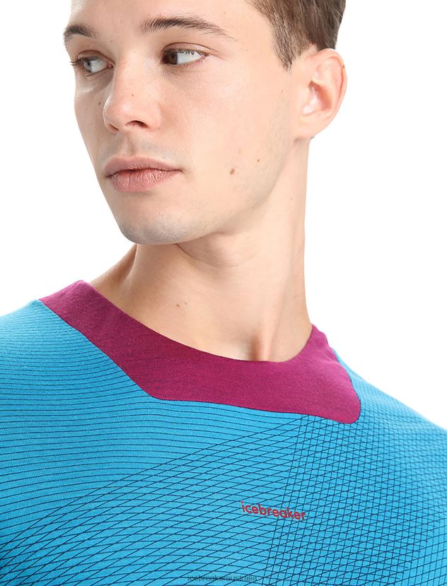 Icebreaker Men ZoneKnit Merino Short Sleeve T-Shirt GeodeticGeo Blue/Go Berry 80BXXP63 Clothing