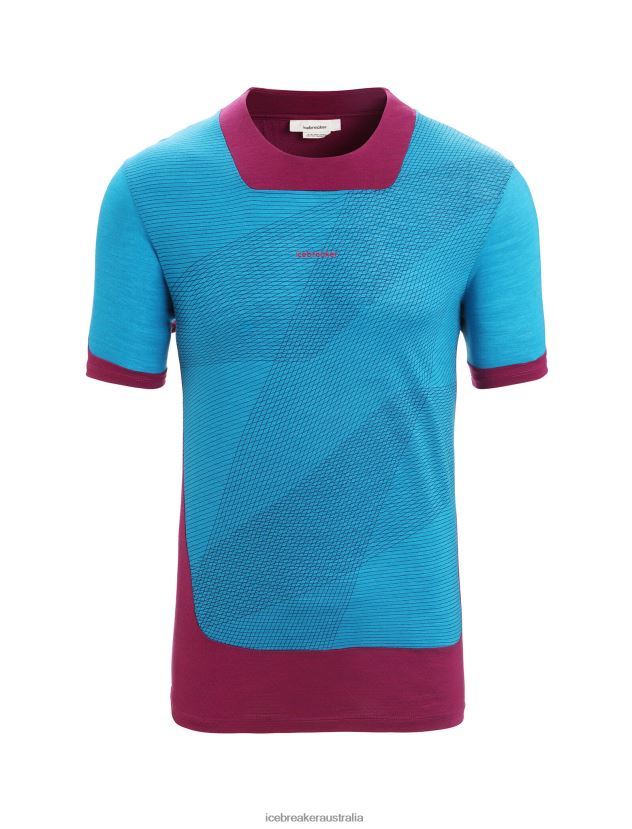 Icebreaker Men ZoneKnit Merino Short Sleeve T-Shirt GeodeticGeo Blue/Go Berry 80BXXP63 Clothing
