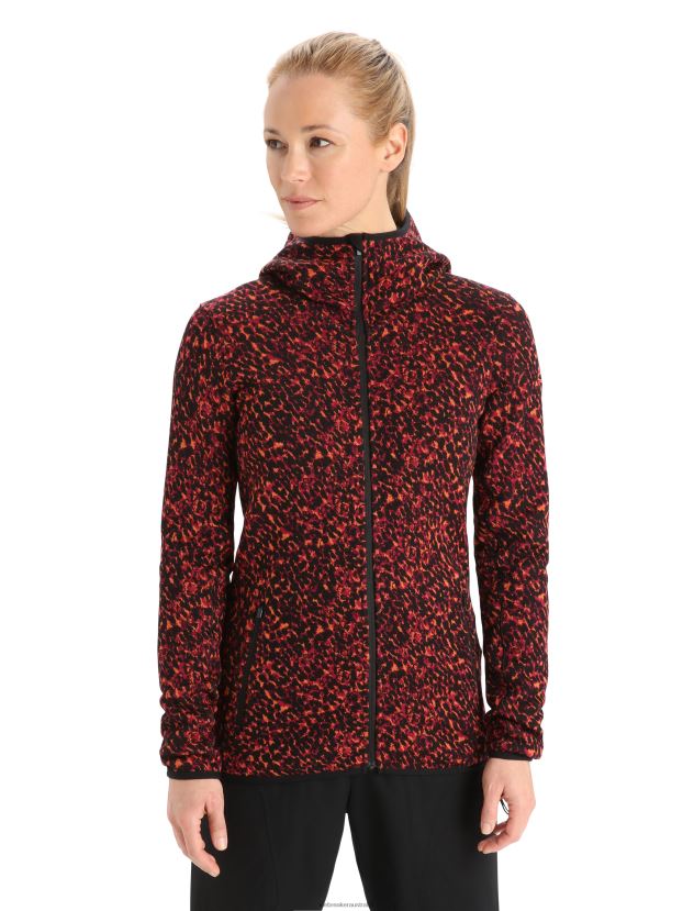 Icebreaker Women Merino Elemental Long Sleeve Zip Hood Lichen JacketBlack/Cherry 80BXXP889 Clothing