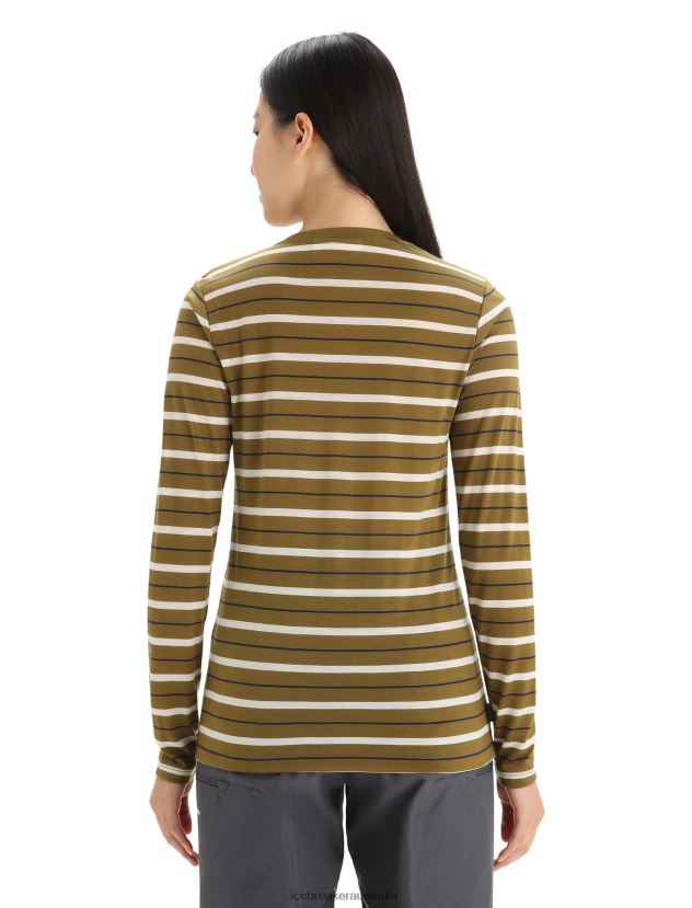 Icebreaker Women Merino Wave Long Sleeve Stripe T-ShirtAlgae/Chalk 80BXXP694 Clothing