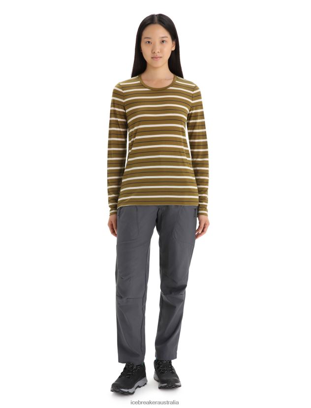 Icebreaker Women Merino Wave Long Sleeve Stripe T-ShirtAlgae/Chalk 80BXXP694 Clothing