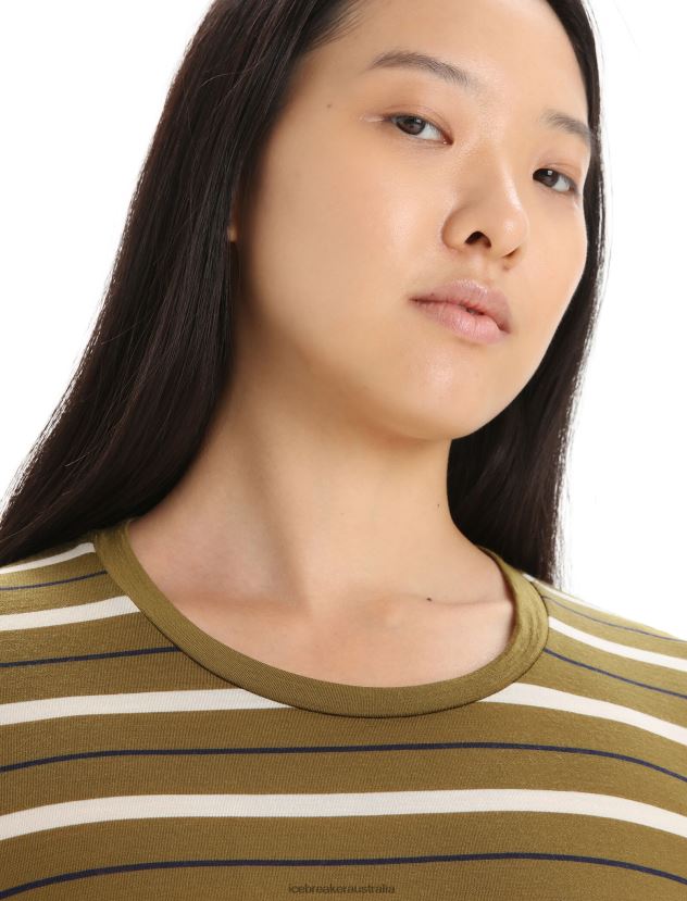 Icebreaker Women Merino Wave Long Sleeve Stripe T-ShirtAlgae/Chalk 80BXXP694 Clothing