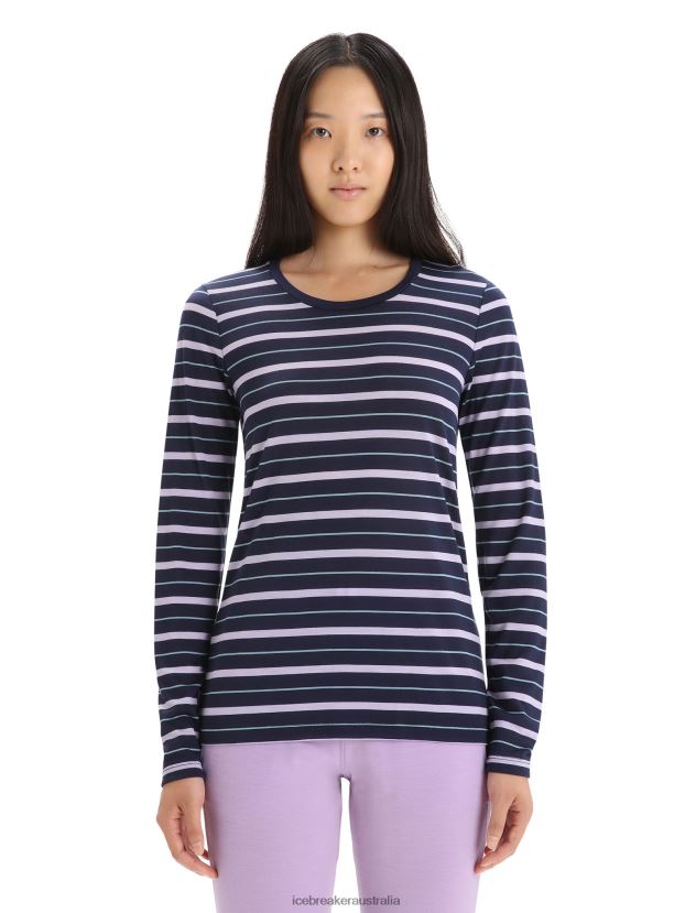 Icebreaker Women Merino Wave Long Sleeve Stripe T-ShirtMidnight Navy/Purple Gaze 80BXXP695 Clothing