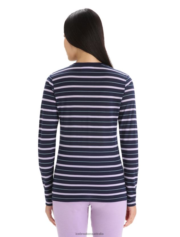 Icebreaker Women Merino Wave Long Sleeve Stripe T-ShirtMidnight Navy/Purple Gaze 80BXXP695 Clothing
