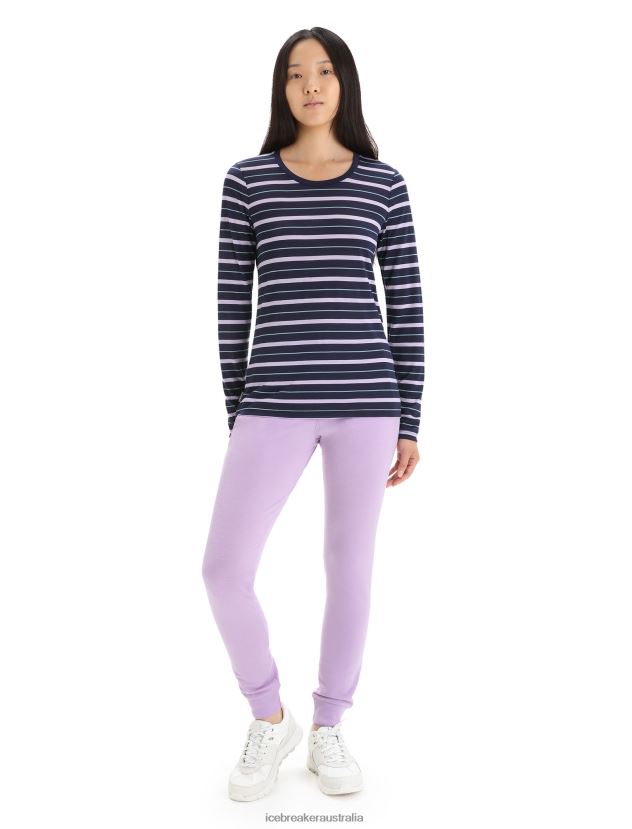 Icebreaker Women Merino Wave Long Sleeve Stripe T-ShirtMidnight Navy/Purple Gaze 80BXXP695 Clothing