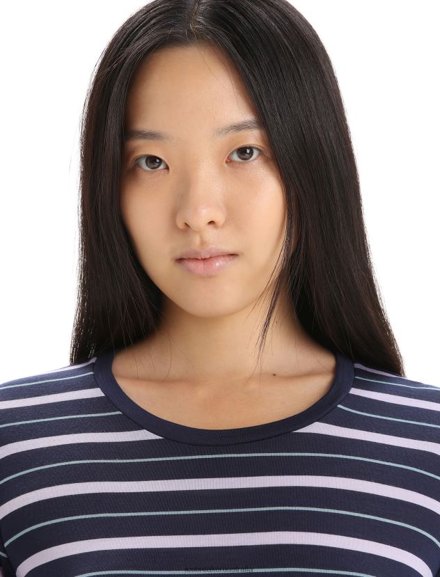 Icebreaker Women Merino Wave Long Sleeve Stripe T-ShirtMidnight Navy/Purple Gaze 80BXXP695 Clothing