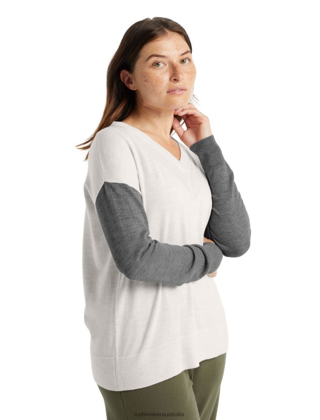 Icebreaker Women Merino Shearer V Neck SweaterEcru Heather/Gritstone Heather 80BXXP875 Clothing