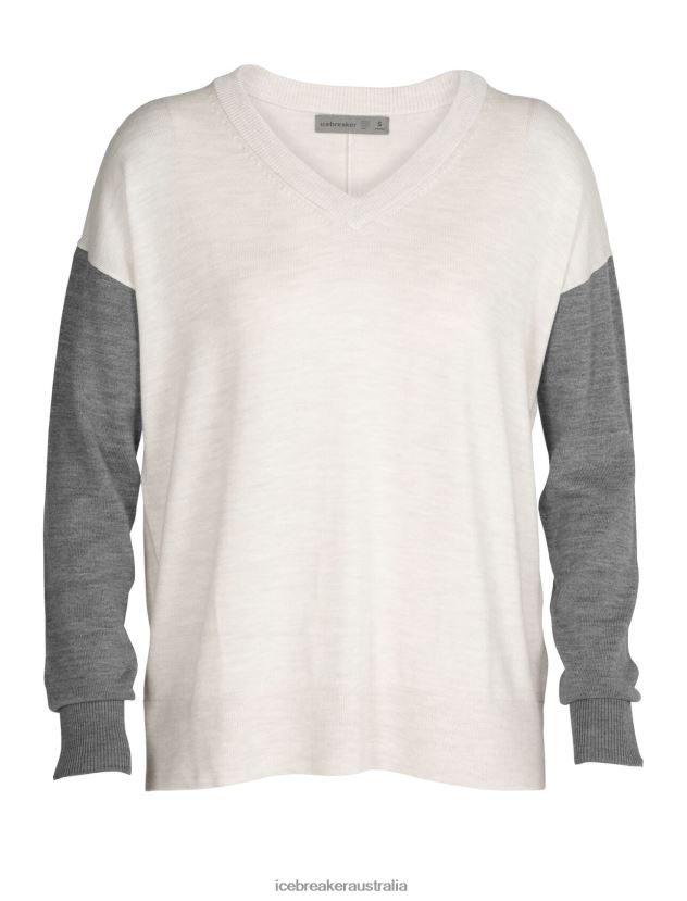 Icebreaker Women Merino Shearer V Neck SweaterEcru Heather/Gritstone Heather 80BXXP875 Clothing