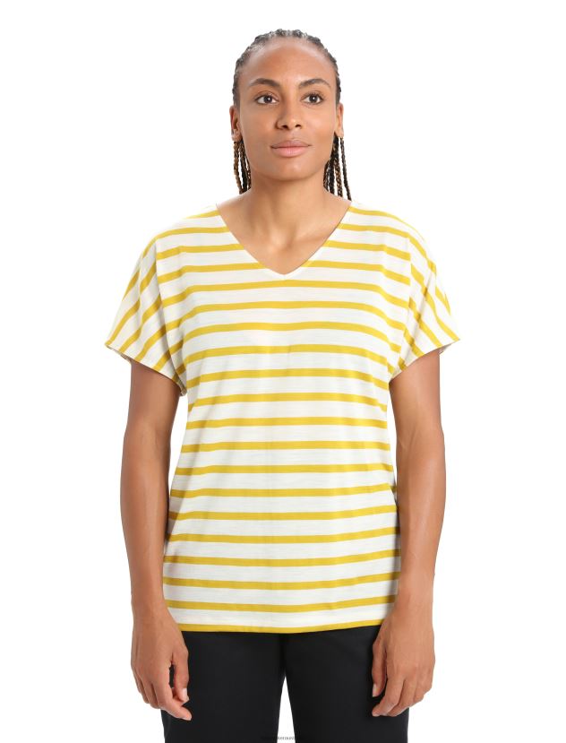Icebreaker Women Merino Drayden Reversible Short Sleeve Top StripeEcru Heather/Silent Gold 80BXXP847 Clothing