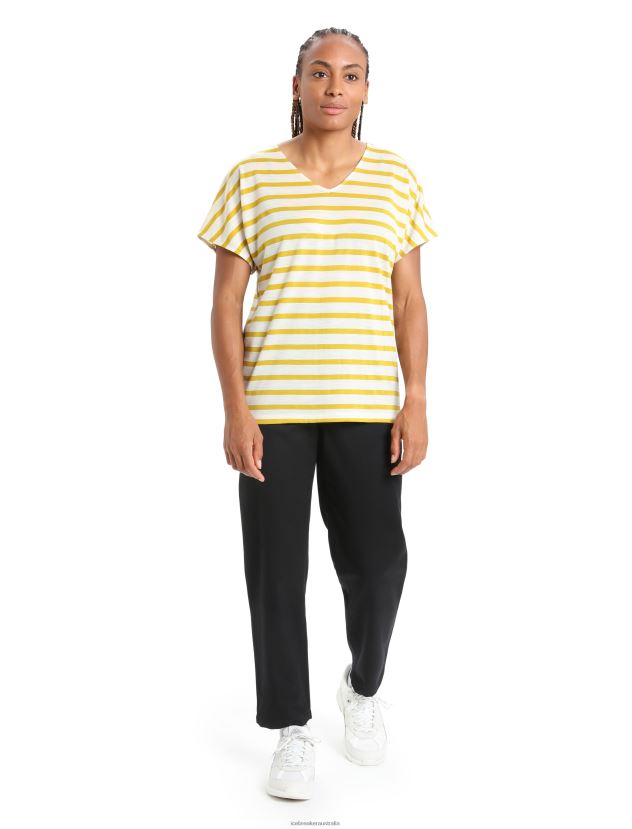 Icebreaker Women Merino Drayden Reversible Short Sleeve Top StripeEcru Heather/Silent Gold 80BXXP847 Clothing
