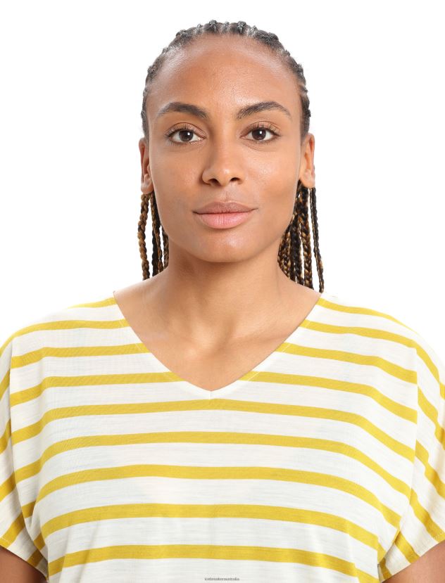 Icebreaker Women Merino Drayden Reversible Short Sleeve Top StripeEcru Heather/Silent Gold 80BXXP847 Clothing