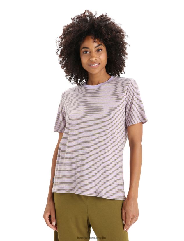 Icebreaker Women Merino Linen Short Sleeve T-Shirt StripePurple Gaze/Algae 80BXXP643 Clothing