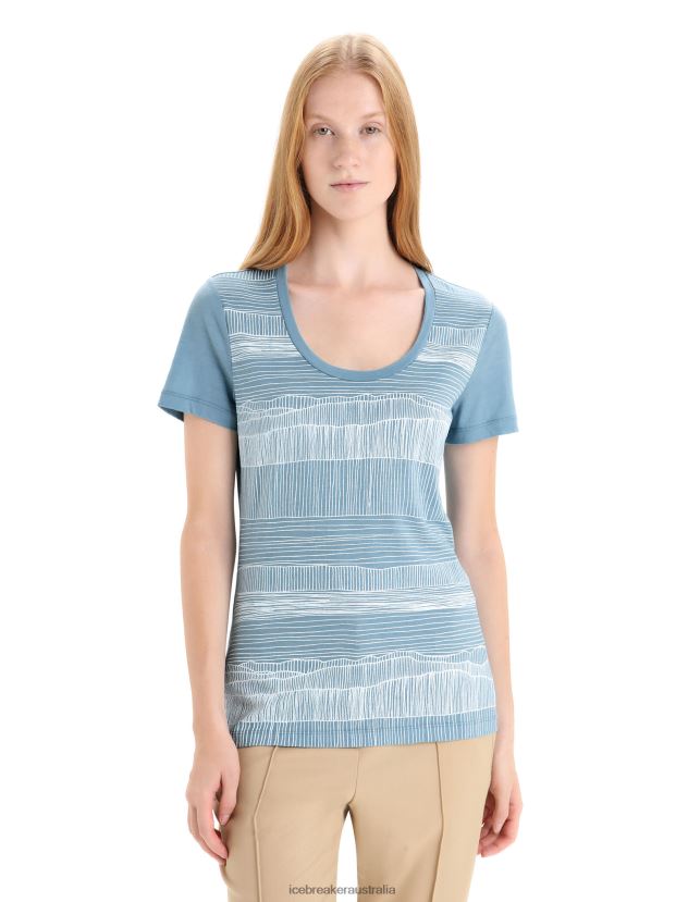 Icebreaker Women Merino Tech Lite II Short Sleeve Scoop T-Shirt Reflection LinesAstral Blue 80BXXP627 Clothing