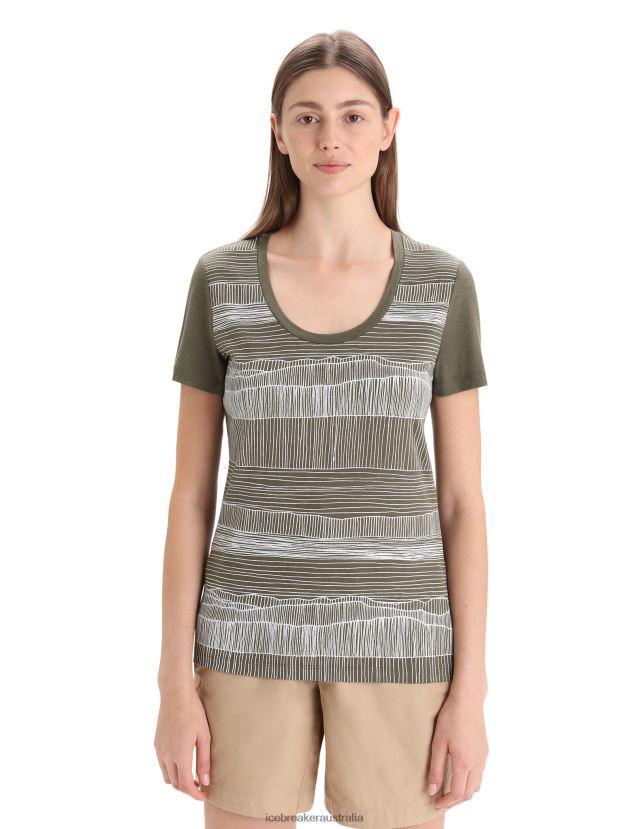 Icebreaker Women Merino Tech Lite II Short Sleeve Scoop T-Shirt Reflection LinesLoden 80BXXP628 Clothing
