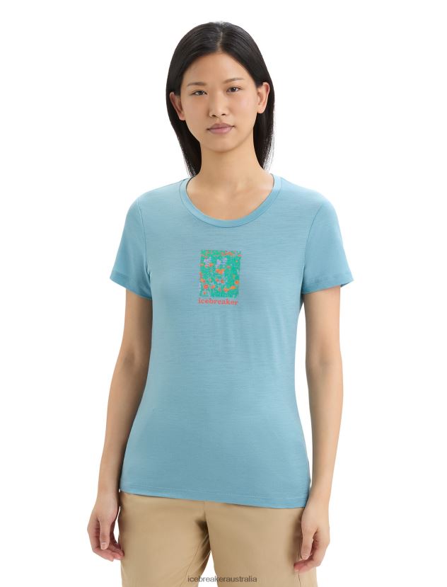 Icebreaker Women Merino Tech Lite II Short Sleeve T-Shirt Wildflower BloomAstral Blue 80BXXP645 Clothing