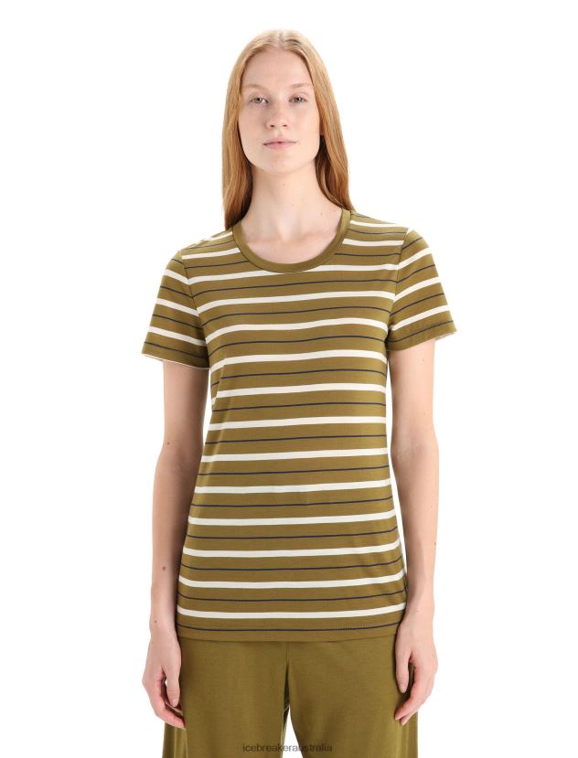 Icebreaker Women Merino Wave Short Sleeve Stripe T-ShirtAlgae/Chalk 80BXXP636 Clothing