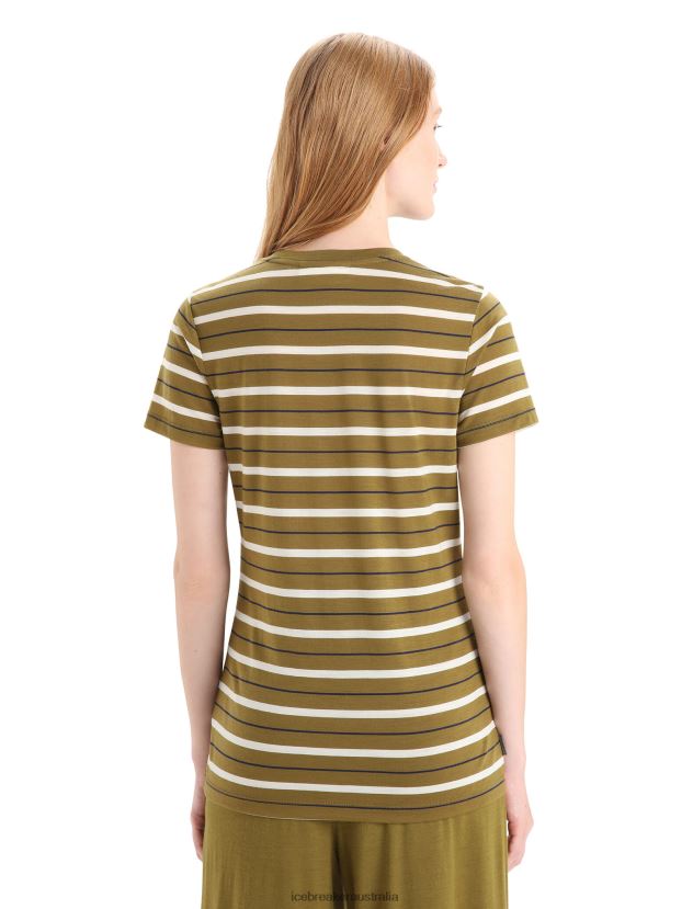 Icebreaker Women Merino Wave Short Sleeve Stripe T-ShirtAlgae/Chalk 80BXXP636 Clothing