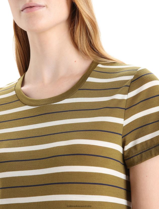 Icebreaker Women Merino Wave Short Sleeve Stripe T-ShirtAlgae/Chalk 80BXXP636 Clothing