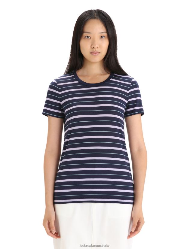 Icebreaker Women Merino Wave Short Sleeve Stripe T-ShirtMidnight Navy/Purple Gaze 80BXXP637 Clothing