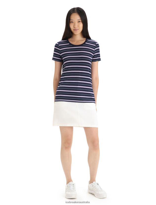 Icebreaker Women Merino Wave Short Sleeve Stripe T-ShirtMidnight Navy/Purple Gaze 80BXXP637 Clothing