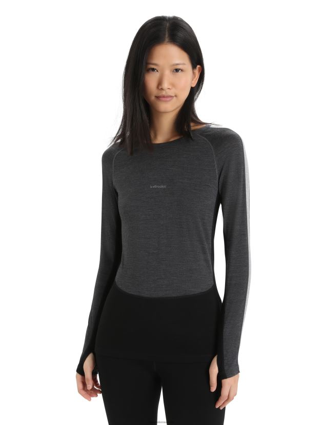 Icebreaker Women 200 ZoneKnit Merino Long Sleeve Crewe Thermal TopJet Heather/Black 80BXXP580 Clothing