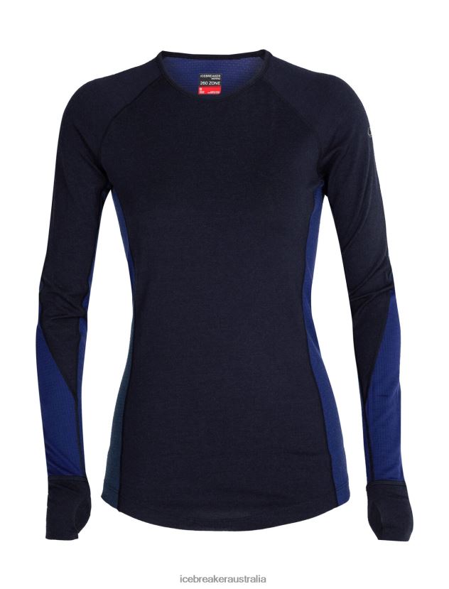 Icebreaker Women BodyfitZone Merino 260 Zone Long Sleeve Crewe Thermal TopMidnight Navy/Royal Navy 80BXXP871 Clothing